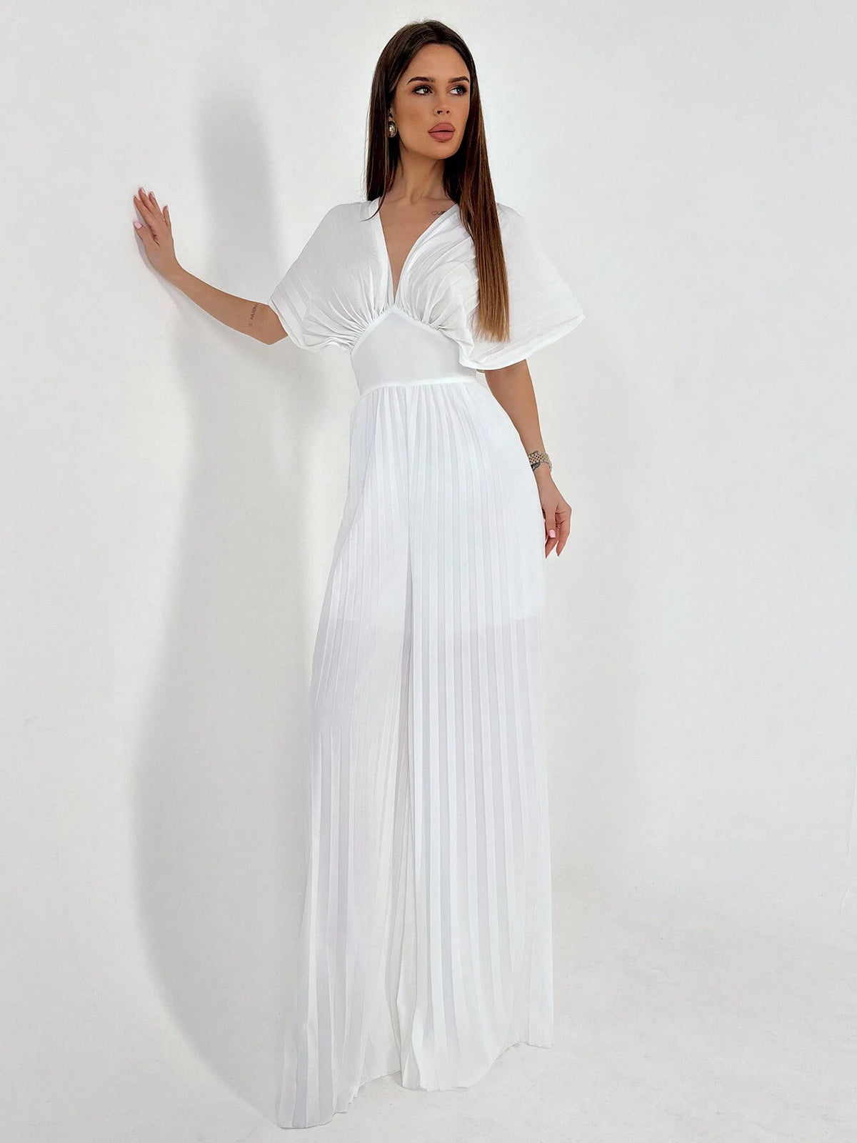 Women Summer Pleated Sun Pleated Fan Sleeves Waist-Cinched Slim-Fit Jumpsuit