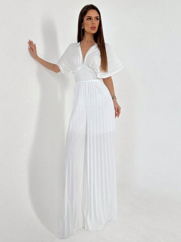 Women Summer Pleated Sun Pleated Fan Sleeves Waist-Cinched Slim-Fit Jumpsuit