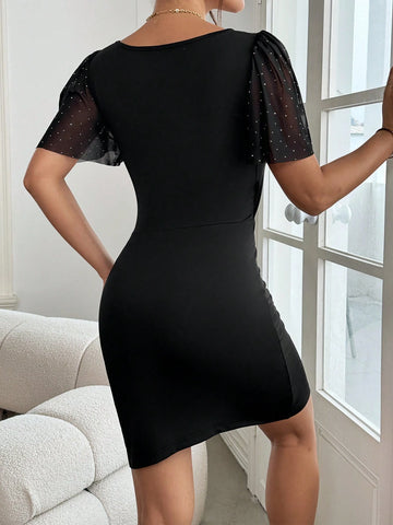 Women Summer Polka Dot Mesh Patchwork Ruffle Short Sleeve Side Slit Hem Bodycon Elegant Dress