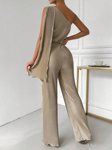 Women Summer Single Shoulder Sleeveless Pleated Waist Knotted Casual Jumpsuit