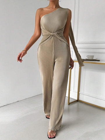 Women Summer Single Shoulder Sleeveless Pleated Waist Knotted Casual Jumpsuit