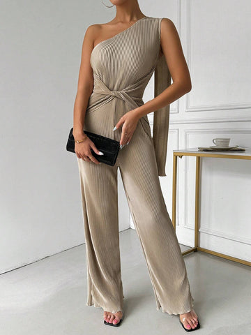 Women Summer Single Shoulder Sleeveless Pleated Waist Knotted Casual Jumpsuit