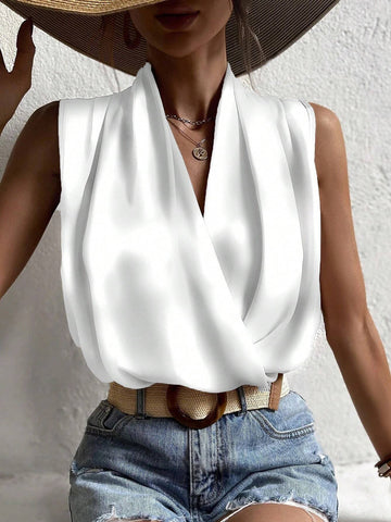 Women Summer Solid Color Overlap V-Neck Pleated Sleeveless Loose Jumpsuit