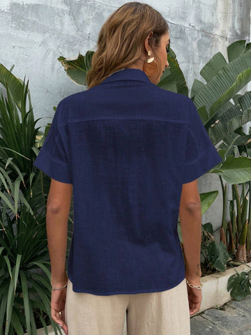 Privé Women Summer Solid Color Pocket Casual Short Sleeve Shirt