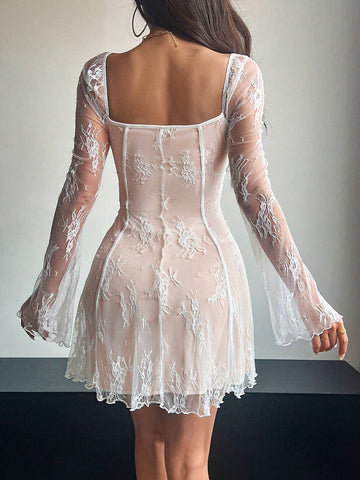 Women Summer White Flare Sleeve Lace-Up Lace Long Sleeve Mini Dress