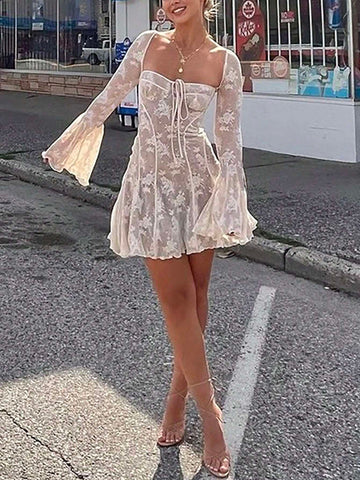 Women Summer White Flare Sleeve Lace-Up Lace Long Sleeve Mini Dress