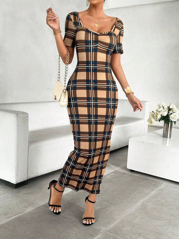 Women Sweetheart Neckline Geometric Printed Short Sleeve Dress For Summer