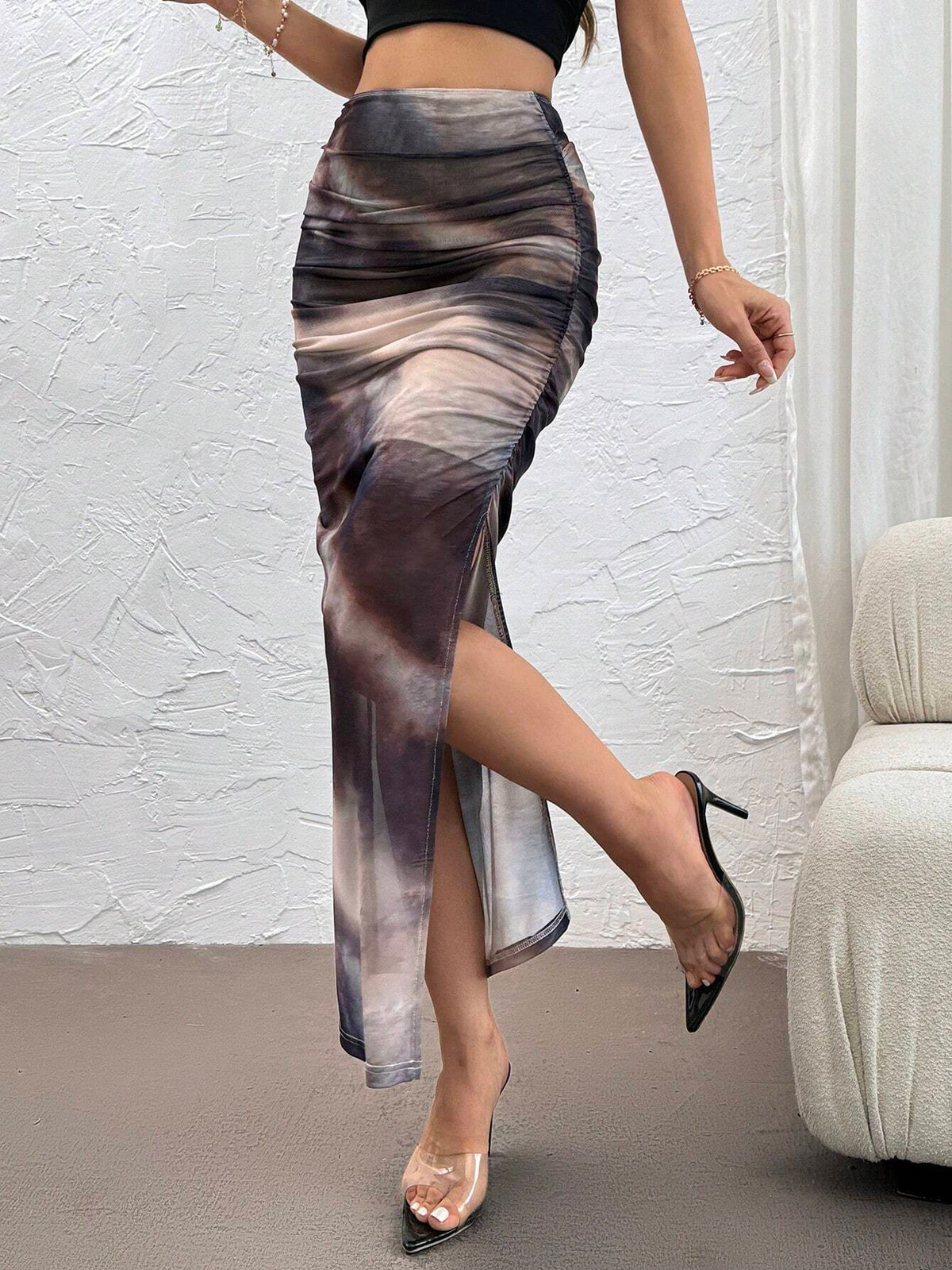 Privé Women Tie-Dye Marble Mesh Fabric Print Bodycon Skirt, Elegant Vacation Style