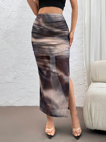 Privé Women Tie-Dye Marble Mesh Fabric Print Bodycon Skirt, Elegant Vacation Style