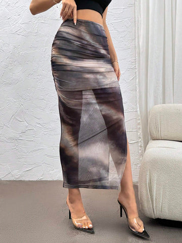 Privé Women Tie-Dye Marble Mesh Fabric Print Bodycon Skirt, Elegant Vacation Style