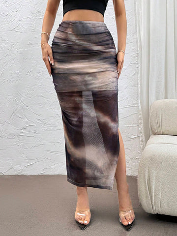 Privé Women Tie-Dye Marble Mesh Fabric Print Bodycon Skirt, Elegant Vacation Style