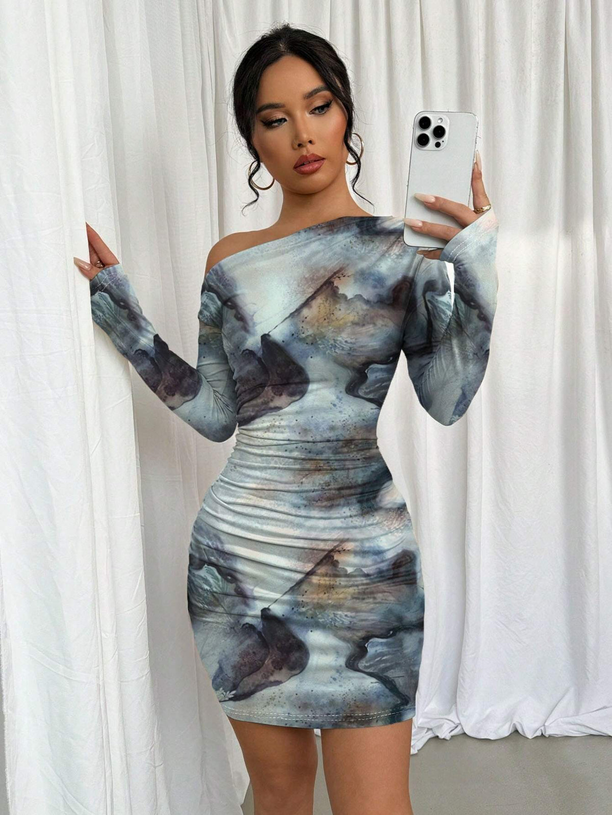 Women Tie Dye Asymmetrical Ruched Long Sleeve Dress