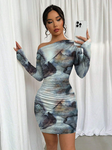 Women Tie Dye Asymmetrical Ruched Long Sleeve Dress