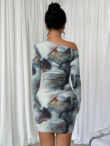 Women Tie Dye Asymmetrical Ruched Long Sleeve Dress