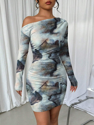 Women Tie Dye Asymmetrical Ruched Long Sleeve Dress