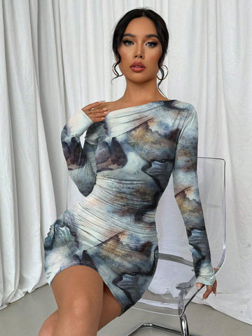 Women Tie Dye Asymmetrical Ruched Long Sleeve Dress