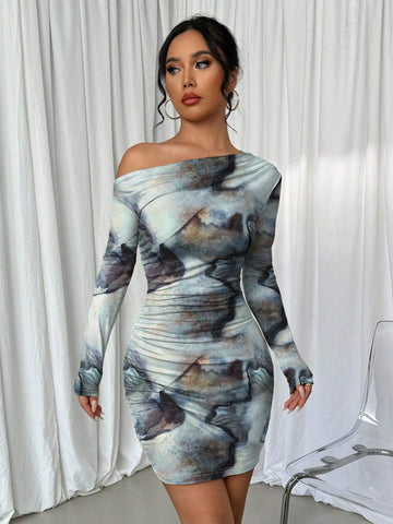 Women Tie Dye Asymmetrical Ruched Long Sleeve Dress