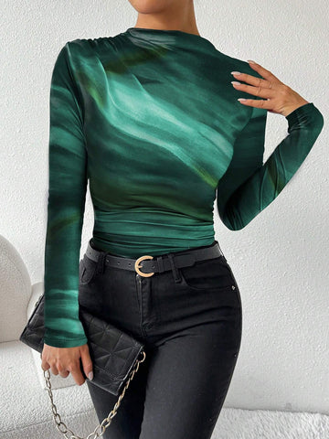 Women Tie Dye Print Asymmetric Ruched Long Sleeve T-Shirt, Spring Summer
