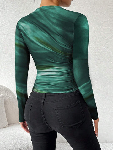 Women Tie Dye Print Asymmetric Ruched Long Sleeve T-Shirt, Spring Summer