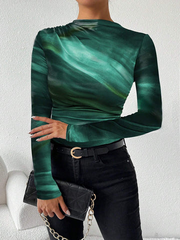 Women Tie Dye Print Asymmetric Ruched Long Sleeve T-Shirt, Spring Summer