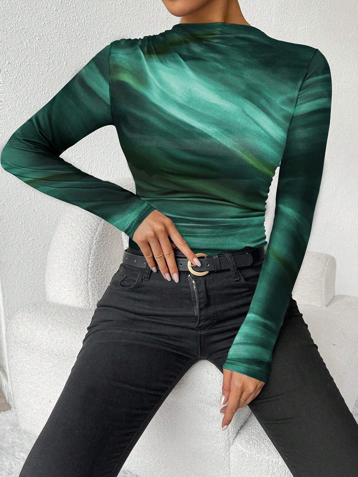 Women Tie Dye Print Asymmetric Ruched Long Sleeve T-Shirt, Spring Summer