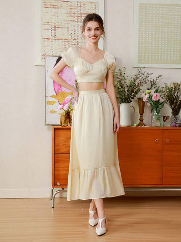 Women Two Piece Set With A Half-Length Skirt, Ruffle Hem And A Bubble Sleeve Top With A Cinched Waist