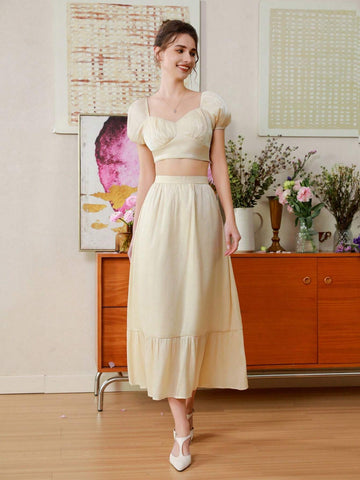 Women Two Piece Set With A Half-Length Skirt, Ruffle Hem And A Bubble Sleeve Top With A Cinched Waist