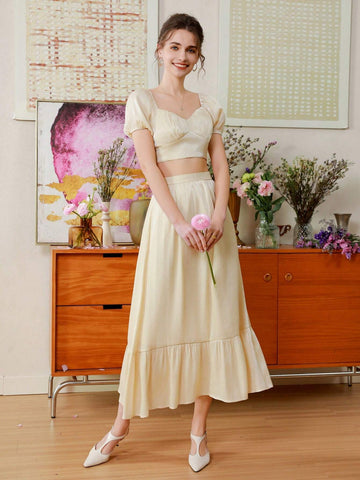 Women Two Piece Set With A Half-Length Skirt, Ruffle Hem And A Bubble Sleeve Top With A Cinched Waist