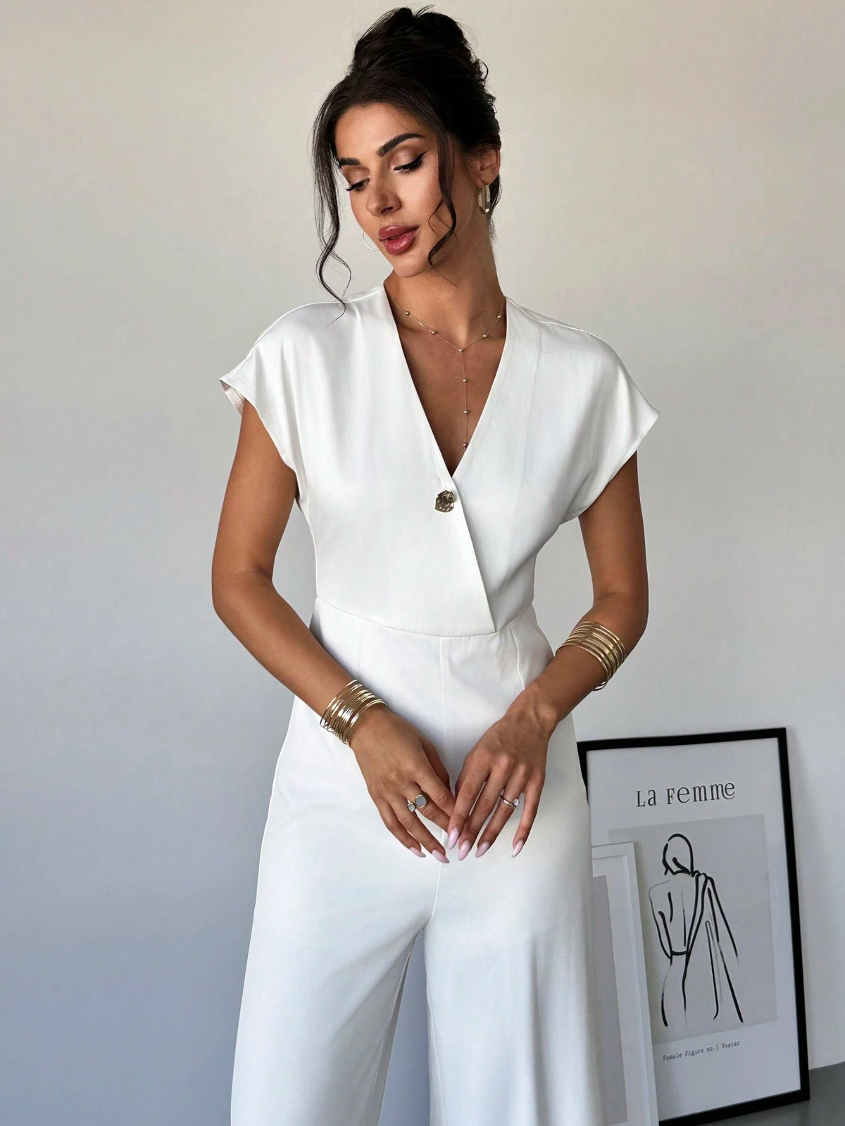 Women V-Neck Asymmetric Hem Waist Cinched Simple Office Jumpsuit With Metal Decor