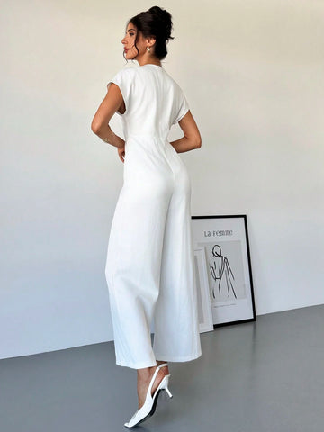 Women V-Neck Asymmetric Hem Waist Cinched Simple Office Jumpsuit With Metal Decor