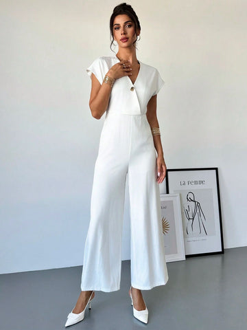 Women V-Neck Asymmetric Hem Waist Cinched Simple Office Jumpsuit With Metal Decor