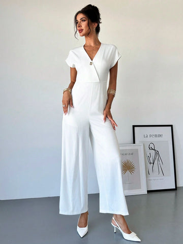 Women V-Neck Asymmetric Hem Waist Cinched Simple Office Jumpsuit With Metal Decor