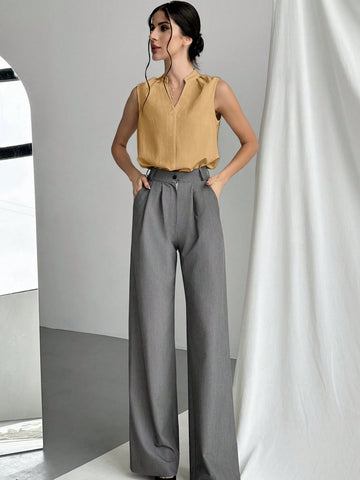 Privé Women V-Neck Chic Elegant Office Blouse, Minimalist Professional Commuter Style