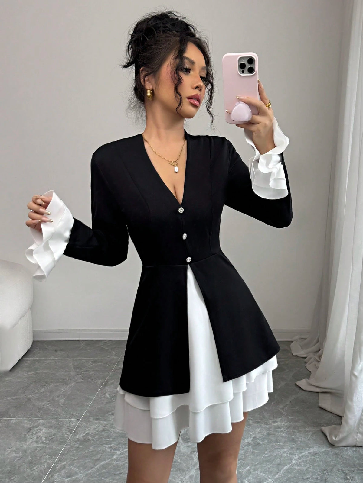Women V-Neck Cinched Waist A-Line Patchwork Diamond Button Decor Long Sleeve Dress With Ruffle Hem