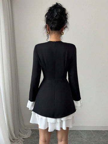 Women V-Neck Cinched Waist A-Line Patchwork Diamond Button Decor Long Sleeve Dress With Ruffle Hem