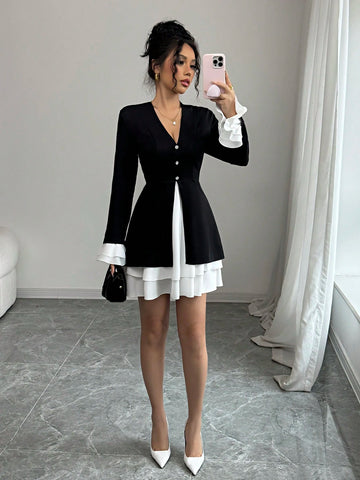 Women V-Neck Cinched Waist A-Line Patchwork Diamond Button Decor Long Sleeve Dress With Ruffle Hem