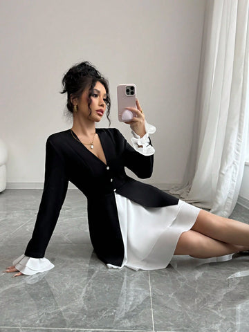 Women V-Neck Cinched Waist A-Line Patchwork Diamond Button Decor Long Sleeve Dress With Ruffle Hem