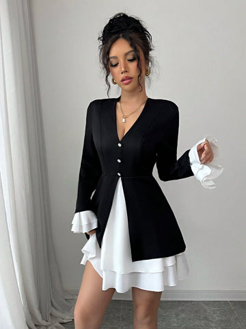 Women V-Neck Cinched Waist A-Line Patchwork Diamond Button Decor Long Sleeve Dress With Ruffle Hem