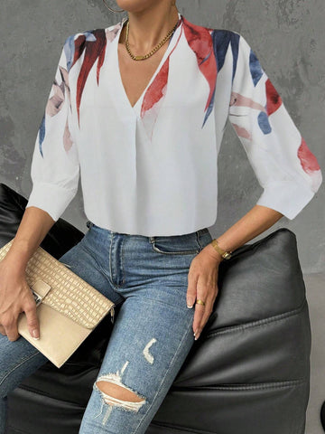 Privé Women V-Neck Long Sleeve Printed Casual Blouse