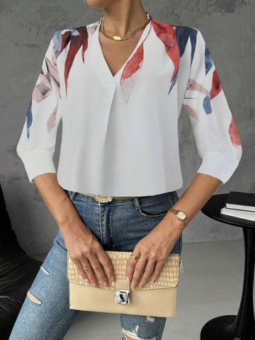 Privé Women V-Neck Long Sleeve Printed Casual Blouse