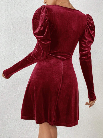 Women V-Neck Long Sleeve Solid Color Casual Mini Dress
