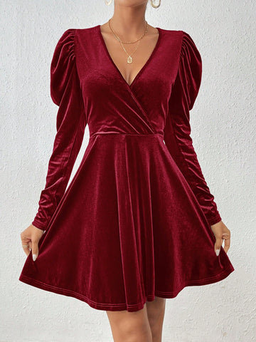 Women V-Neck Long Sleeve Solid Color Casual Mini Dress