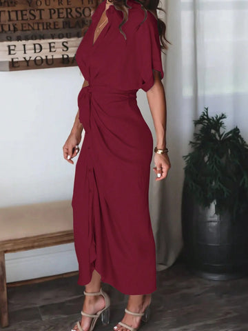 Women V-Neck Solid Color Pleated Twisted Design Elegant Dress