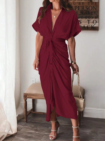 Women V-Neck Solid Color Pleated Twisted Design Elegant Dress