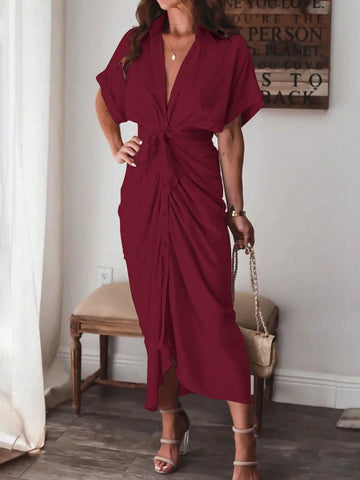 Women V-Neck Solid Color Pleated Twisted Design Elegant Dress