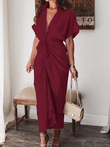 Women V-Neck Solid Color Pleated Twisted Design Elegant Dress