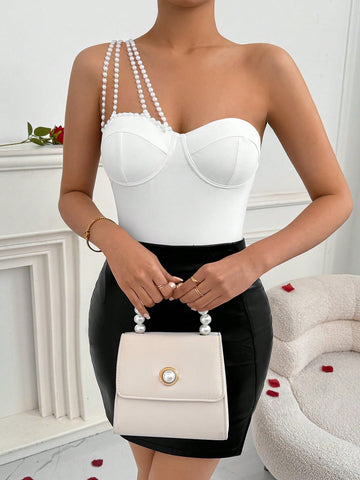 Women Valentine's Day Faux Pearl Decorated One Shoulder Sleeveless Jumpsuit