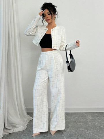 Women Versatile Commuter Round Neck Fashionable Golden Line Checked Fabric Button Decorated Short Cropped Long Sleeve Jacket & Straight Leg Pants White Suit Set