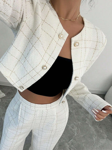 Women Versatile Commuter Round Neck Fashionable Golden Line Checked Fabric Button Decorated Short Cropped Long Sleeve Jacket & Straight Leg Pants White Suit Set