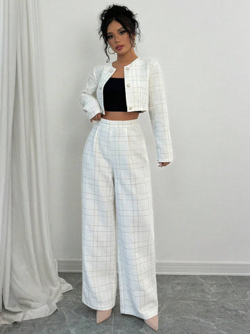 Women Versatile Commuter Round Neck Fashionable Golden Line Checked Fabric Button Decorated Short Cropped Long Sleeve Jacket & Straight Leg Pants White Suit Set